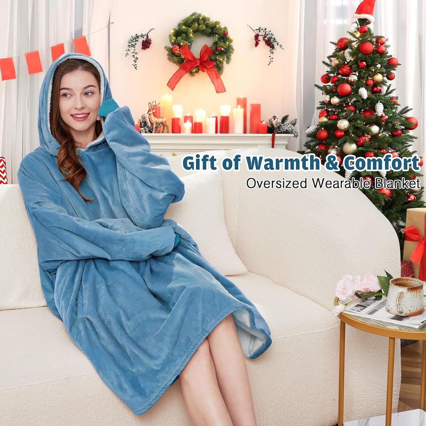 AmyHomie Wearable Blanket Hoodie for Adults & Teens,Oversized Sherpa Hooded Blanket,Warm Cozy Blanket Sweatshirt as Christmas Birthday Gifts for Women Men