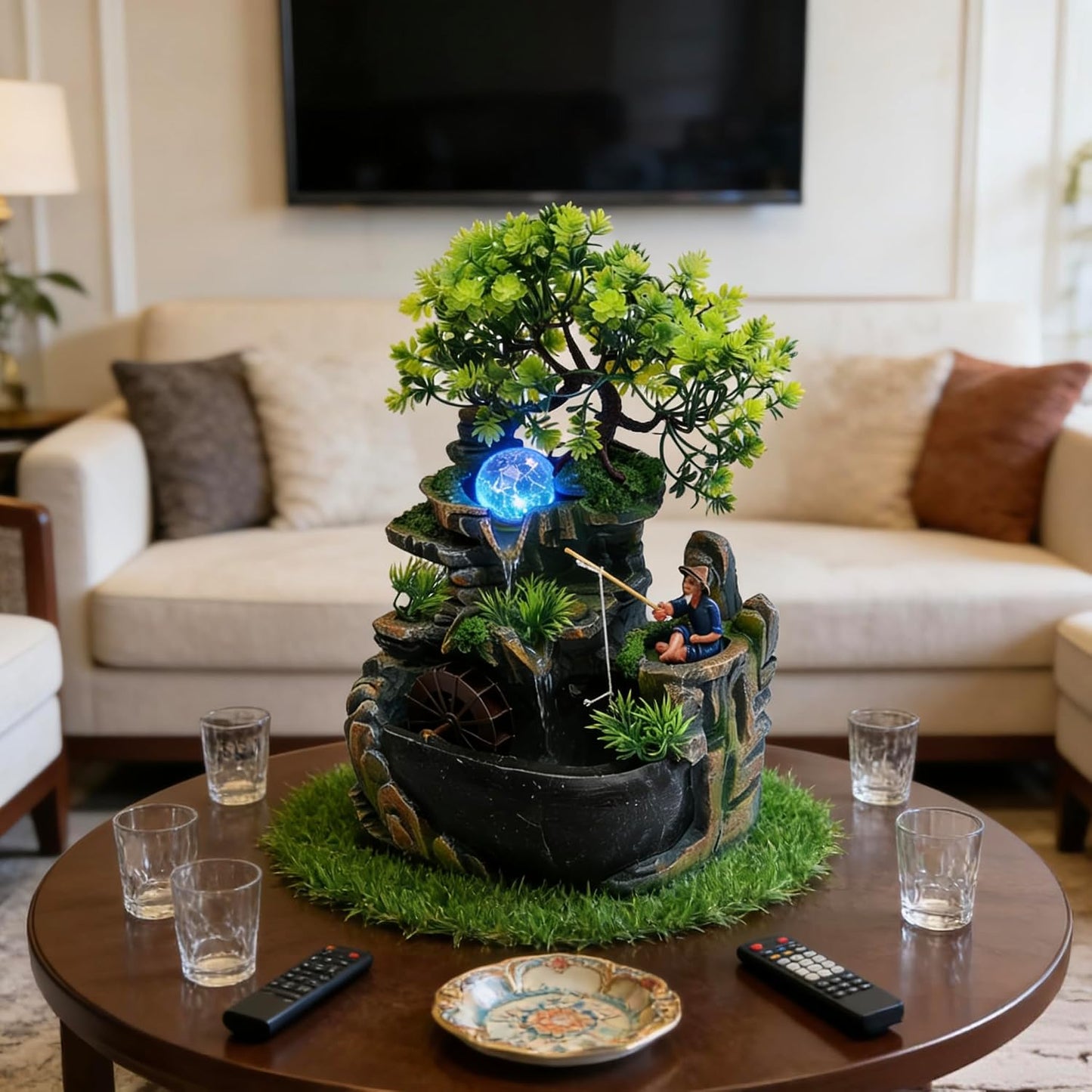 Mini Artificial Bonsai Tree Waterfall Fog Feature Rock Tabletop Fountain | 11in Desktop Decor Waterfall Fountain W/ Water Pump& Atomizer&LED Lights &Fake Tree Office Bedroom Relax
