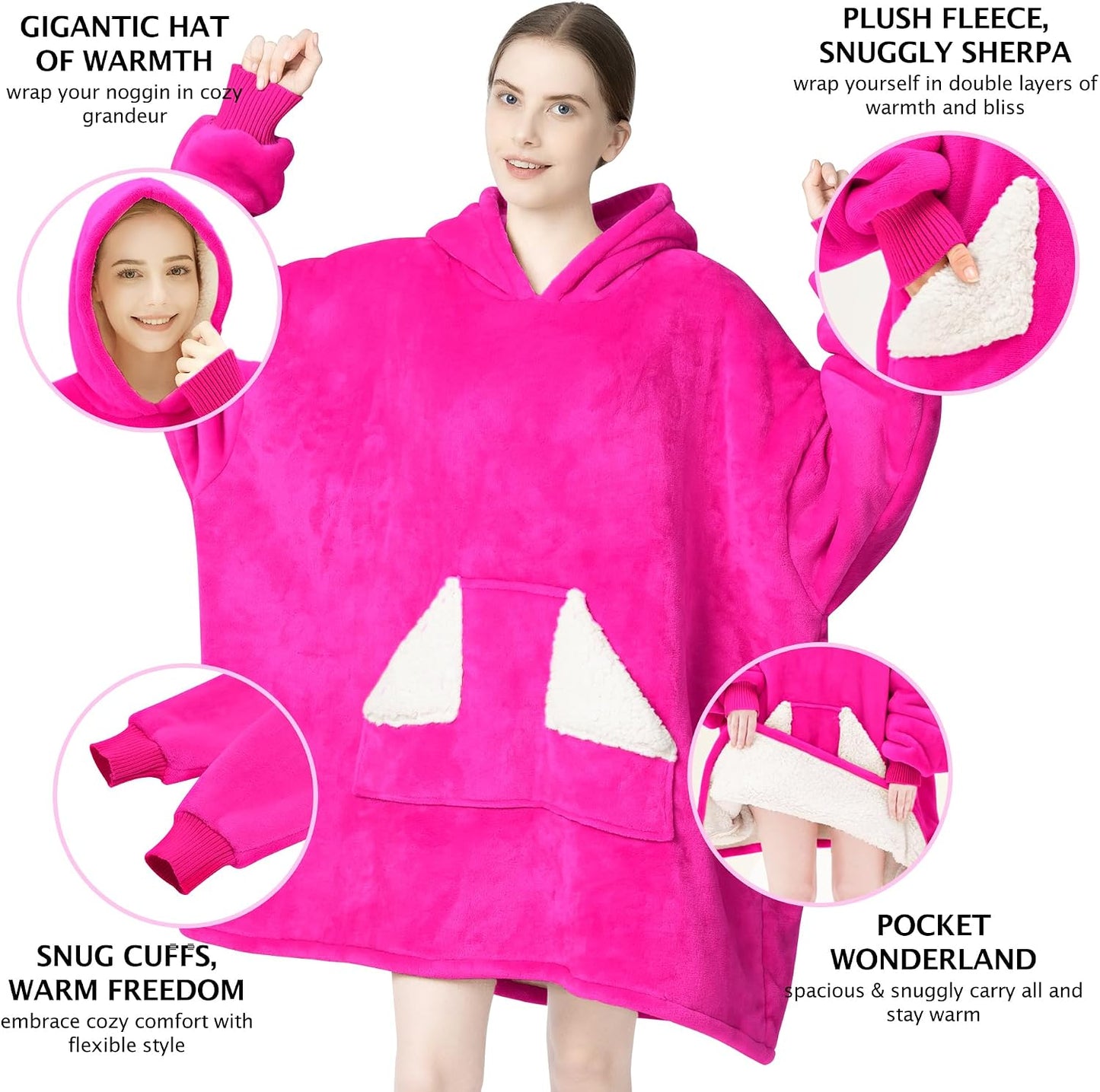 Touchat Wearable Blanket Hoodie, Oversized Sherpa Blanket Sweatshirt with Hood Pocket and Sleeves, Super Soft Warm Plush Hooded Blanket for Adult Women Men, One Size Fits All (Pink)