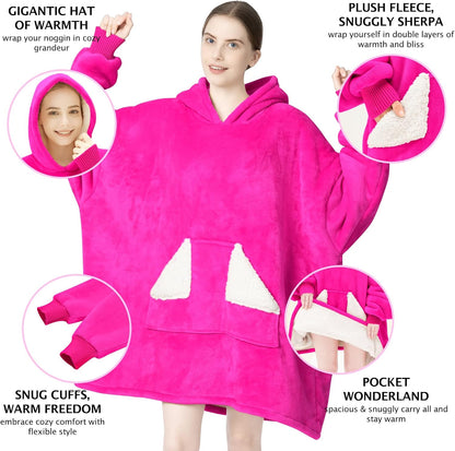 Touchat Wearable Blanket Hoodie, Oversized Sherpa Blanket Sweatshirt with Hood Pocket and Sleeves, Super Soft Warm Plush Hooded Blanket for Adult Women Men, One Size Fits All (Pink)