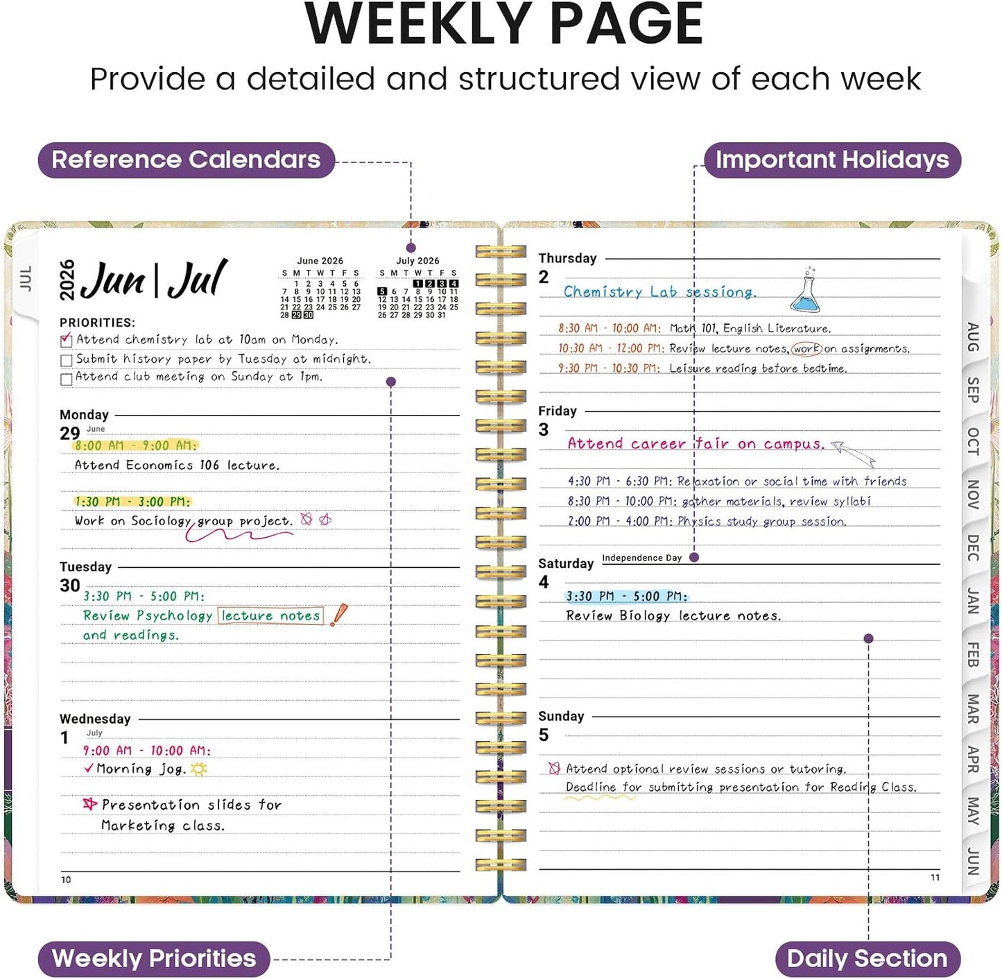 Planner 2026-2027, Academic Monthly and Weekly Calendar Planner for Women, July 2026 - June 2027, Hardcover Pretty Agenda Planner Book with Tabs, Spiral Daily Organizer for School Office Home Supplies, 6.3" x 8.5" - Blue Floral