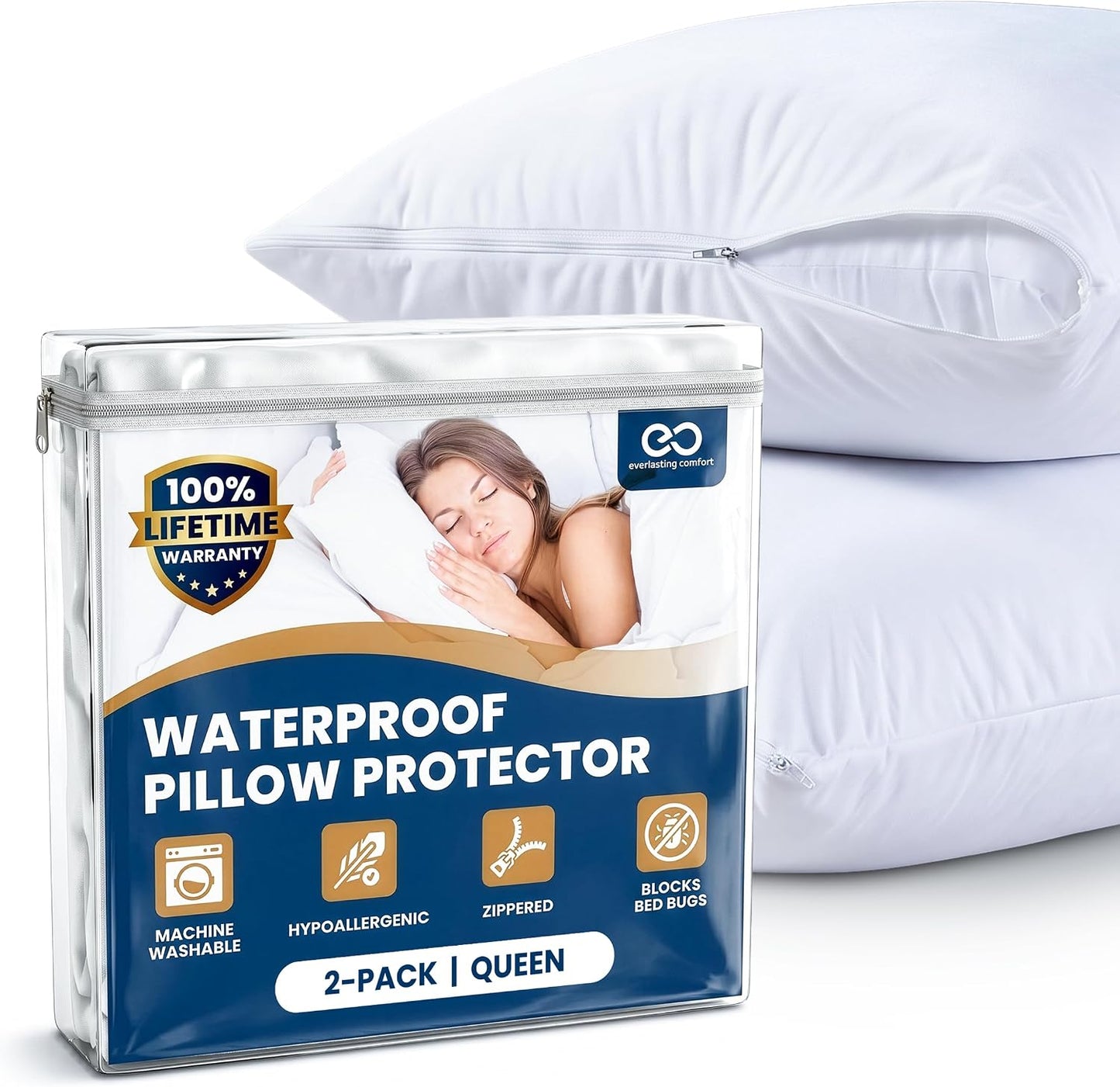 100% Stain Resistant & Waterproof Standard Size Pillow Protectors with Zipper Set of 2 - Bed Bug & Dust Mite Proof White Pillowcases - Breathable, Comfortable Covers for Pillows, 21 x 27 Inches