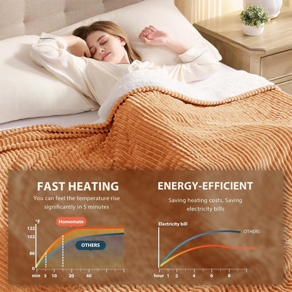 Homemate Heated Blanket Electric Throw - 50"x60" Heating Blanket Throw 1/2/4/6/8 Hours Auto-Off 10 Heat Levels Over-Heat Protection Soft Flannel Sherpa Heater ETL Certification