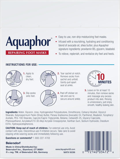 Aquaphor Repairing Foot Masks, Moisturizing Socks for Dry Feet, Hydrating Foot Care Treatment with Avocado Oil and Shea Butter, Pack of 6