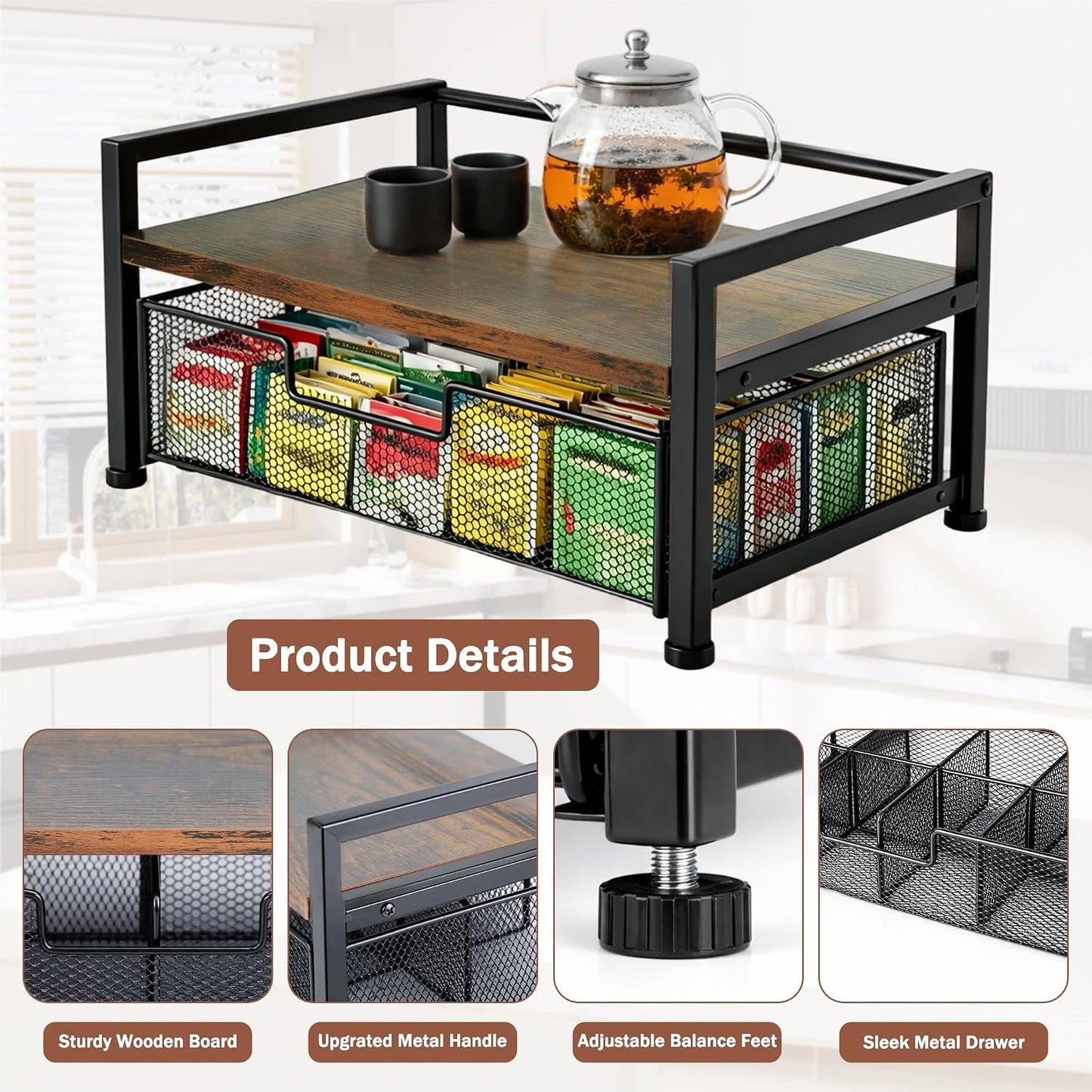 Tea Bag Organizer And Storage with Drawer Teabag Holder Tea Box