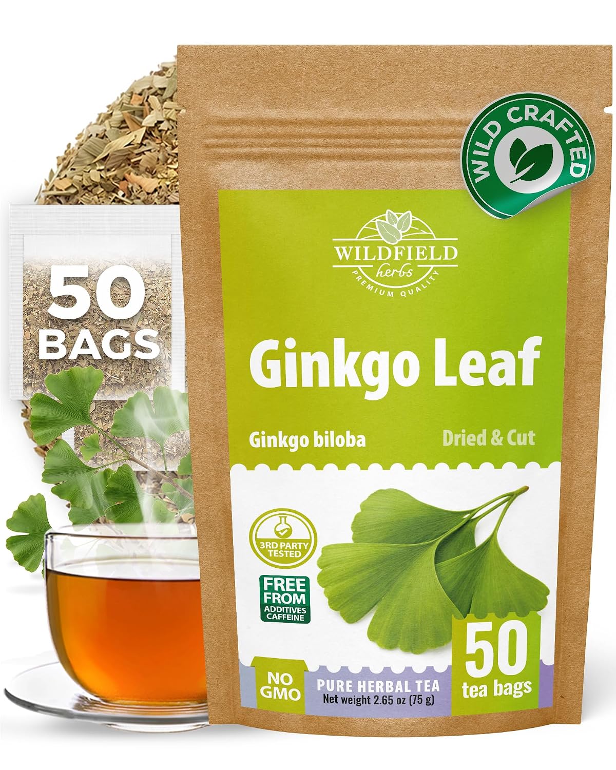 50 Bags Ginkgo Leaf Herbal Tea (Ginkgo Biloba) - 50 Count 1.5g Bags Dried Ginkgo Leaf Té De Ginkgo