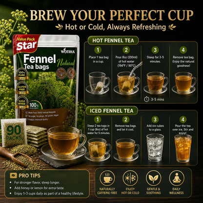 WOTIHA 90 Count Organic Premium Fennel Tea Bags - 100% Natural & Pure Herbal Tea, Supports Digestion & Reduces Bloating, Caffeine-Free, Sugar-Free, Gluten-Free, Vegan.Non-GMO