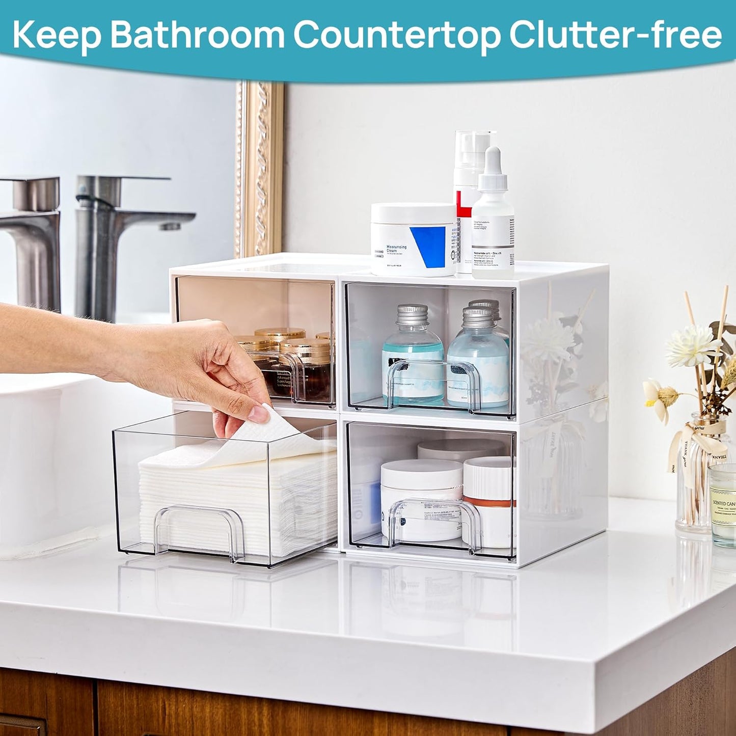 Vtopmart 4 Pack Small Clear Stackable Storage Drawers,Acrylic Bathroom Makeup Organizer,Plastic Storage Bins for Vanity, Undersink, Kitchen Cabinets, Pantry, Home Organization