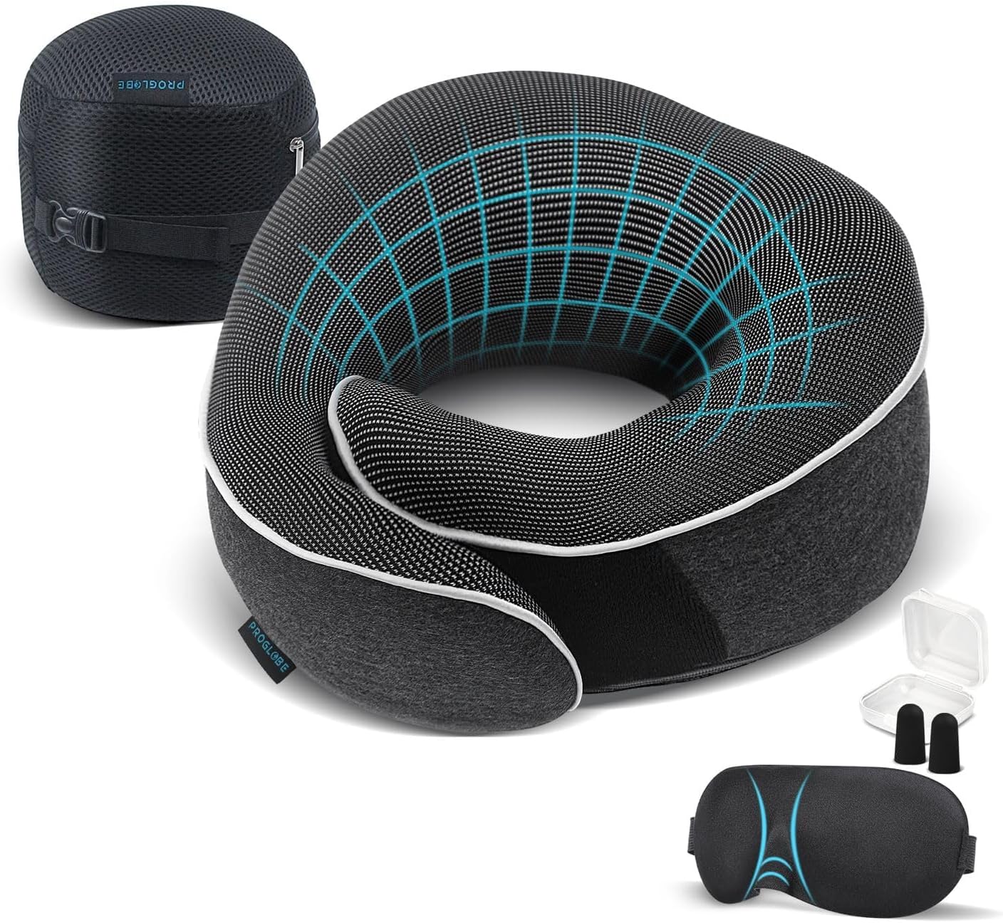 Proglobe Travel Neck Pillow for Airplanes, Long Haul Flight Kit, Grey