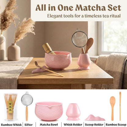 EDELHAUS Matcha Kit Whisk Set (7 Pcs) - Complete Matcha Set, Matcha Bowl with Spout, Whisk with Holder, Bamboo Scoop with Rest and Sifter, Perfect Kit for Matcha Lovers (Green Mist)