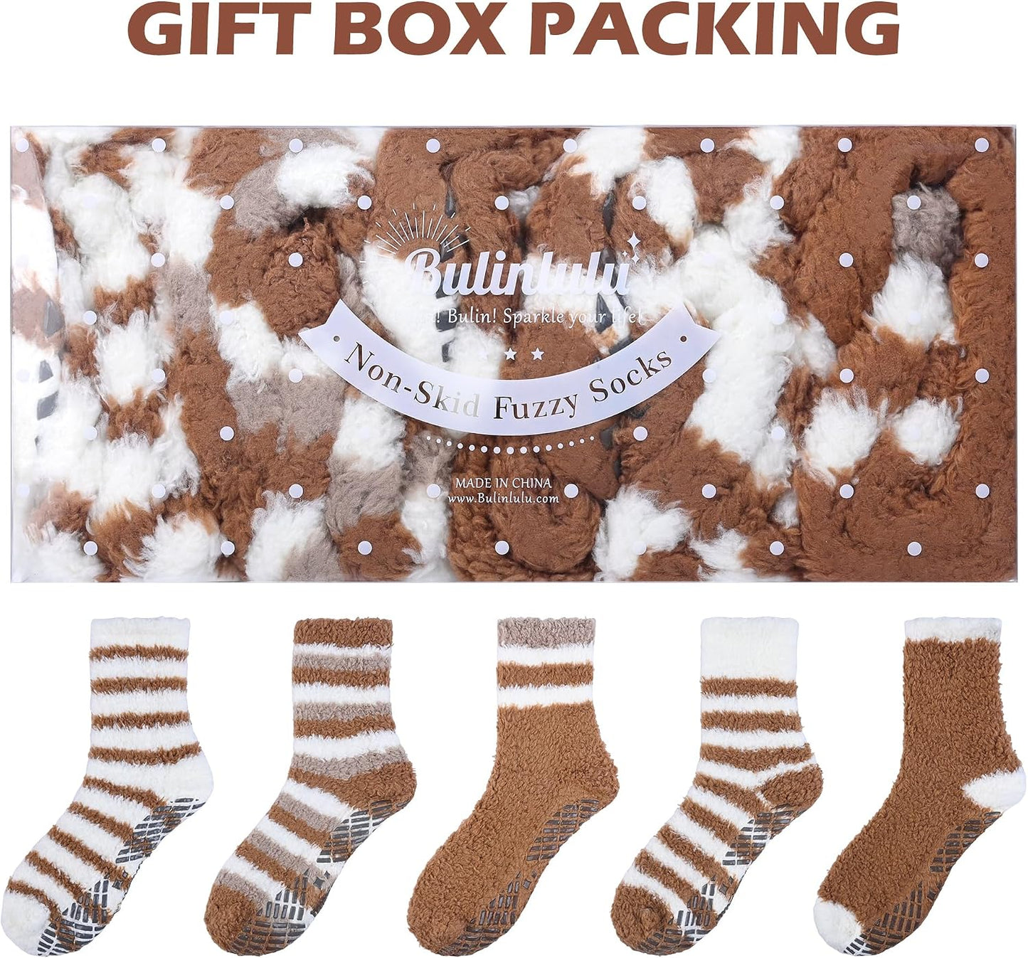 Bulinlulu Fuzzy Socks With Grips for Women, 5 Pairs Non Slip Sleep Warm Fluffy Slipper Socks Gifts for Women