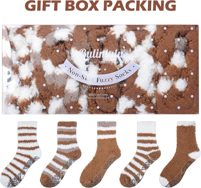 Bulinlulu Fuzzy Socks With Grips for Women, 5 Pairs Non Slip Sleep Warm Fluffy Slipper Socks Gifts for Women