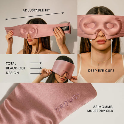 DROWSY Eyelash Protecting Silk Sleep Mask for Natural Lashes & Extensions. Deep Eye Cups, Zero Pressure, Total Blackout, Full Wraparound (Moonlight Shadow)