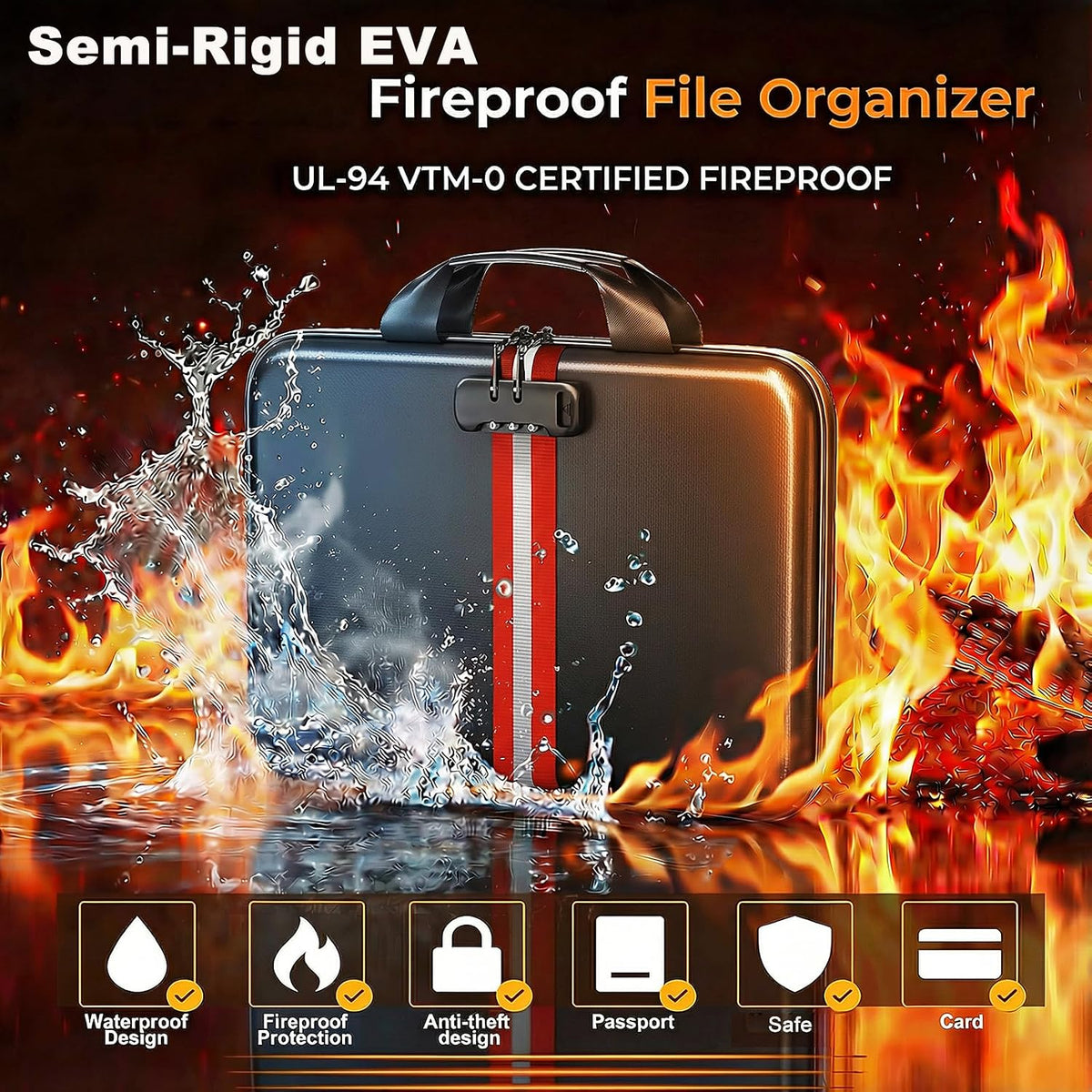 Fireproof Document Organizer with Lock, Semi-Rigid EVA Shell File Box with 13-Pocket Accordion Folder, Water-Resistant Storage for Important Documents, Passports & Certificates