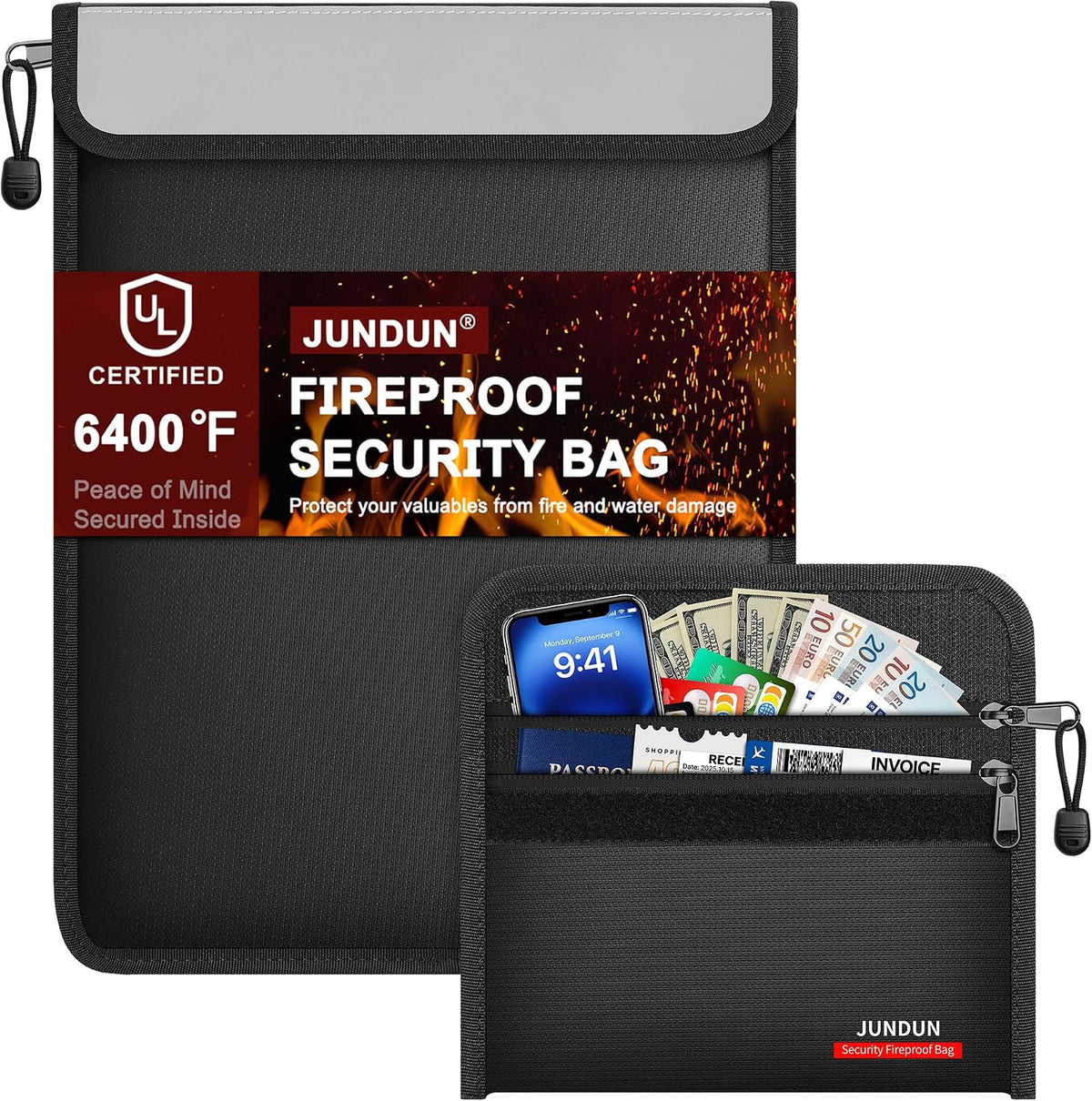 JUNDUN 6400°F Fireproof Document Bag,15"x11" & 8.5"x6"