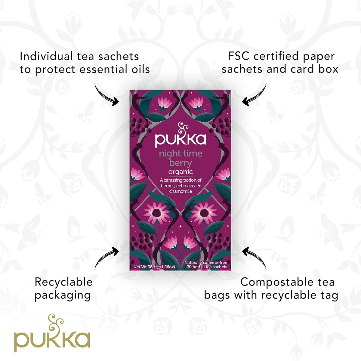 Pukka Organic Tea Bags, Night Time Berry Herbal Tea with Chamomile, Echinacea, and Elderberry, Perfect for Overnight Wellness, 20 Count (Pack of 3), 60 Tea Bags