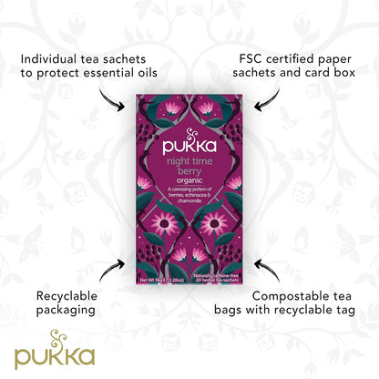 Pukka Organic Tea Bags, Night Time Berry Herbal Tea with Chamomile, Echinacea, and Elderberry, Perfect for Overnight Wellness, 20 Count (Pack of 3), 60 Tea Bags