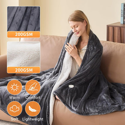 Electric Heated Blanket Throw Size 50''x60''-Control Heating Blanket, Soft & Warm Flannel 10-Level Temperature Control, 8 Hours Auto Off, Rapid Heating & Overheat Protection