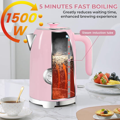 SUSTEAS Electric Kettle - 57oz Hot Tea Water Boiler with Thermometer, 1500W Fast Heating Stainless Steel Pot, Cordless LED Indicator, Auto Shut-Off & Boil Dry Protection, Retro Green