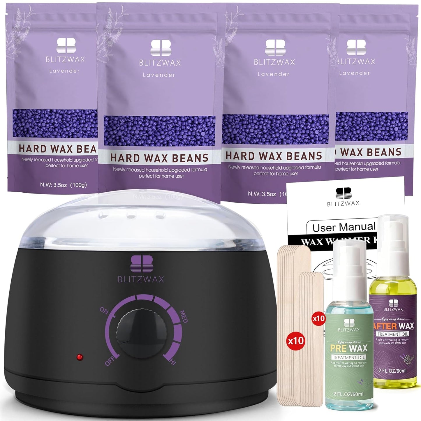 BLITZWAX Brazilian and Bikini Waxing Kit for Women, Hard Wax Warmer for Face, Legs and Body, At Home Hair Removal Kit, Beginner Friendly, Digital Fast Heating, 51 Wax Items