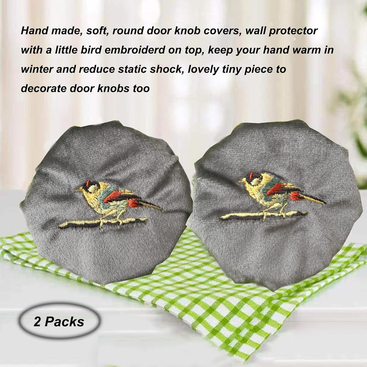 Door Knob Cover Grey with Bird Embroidered 2 PCS, Soft Velvet Wall Protector, Decorative Door Knob Cushion Not to Dent Applicances