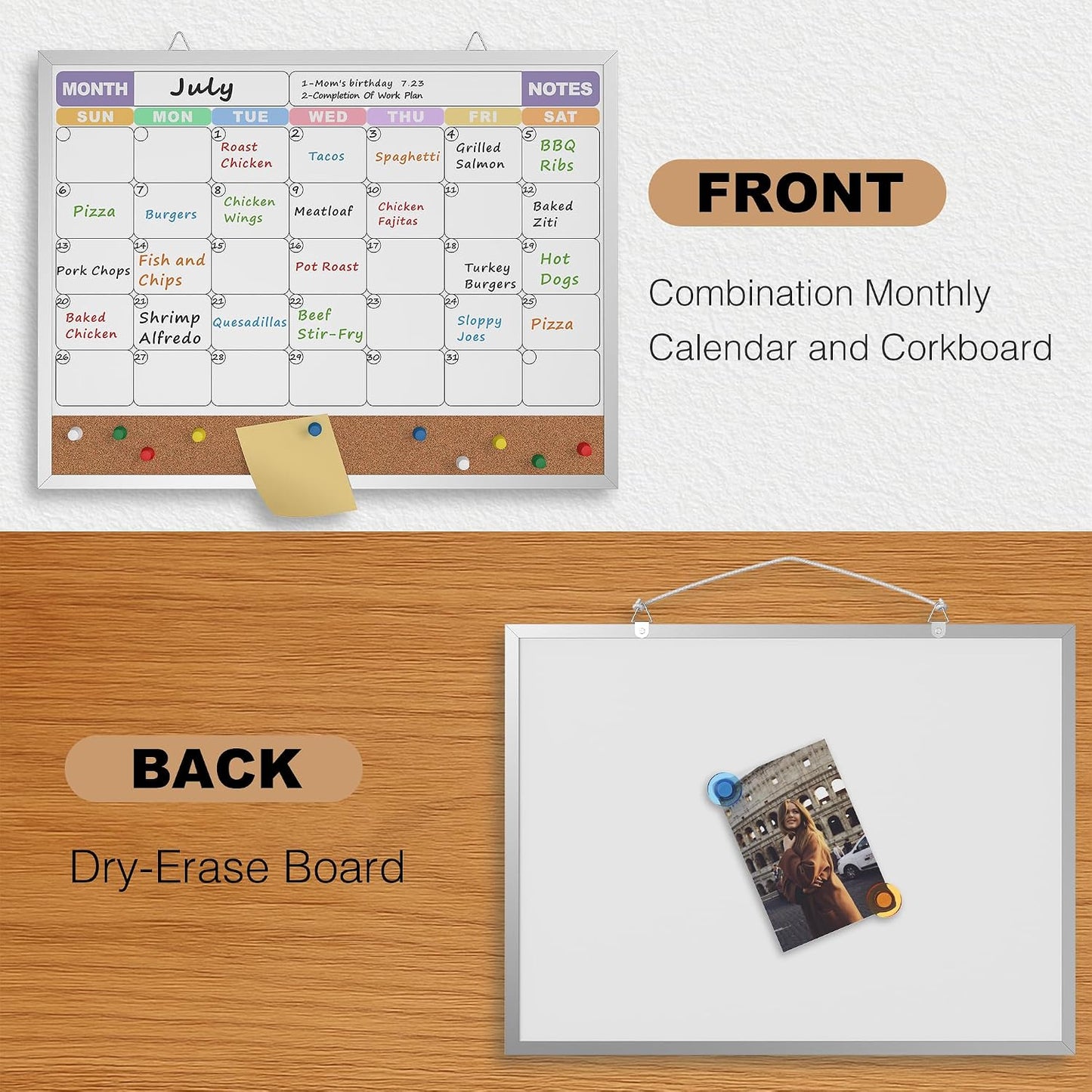 Monthly Calendar Dry Erase Board 16x12 Inch, Double-Sided Whiteboard and Corkboard Combo, Wall Mounted Planner Organizer with Markers, Magnets, Push Pins, Eraser, for Home Office School