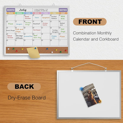 Monthly Calendar Dry Erase Board 16x12 Inch, Double-Sided Whiteboard and Corkboard Combo, Wall Mounted Planner Organizer with Markers, Magnets, Push Pins, Eraser, for Home Office School
