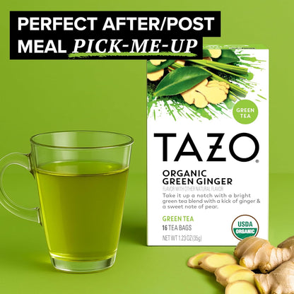 TAZO Organic Green Tea, Green Ginger, Caffeinated Tea, 16 Total Bags (Pack of 2)