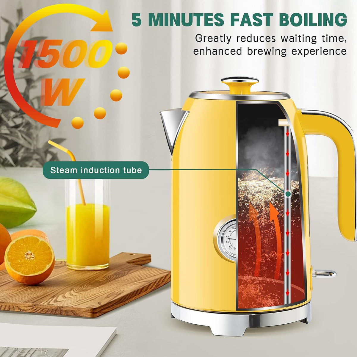 SUSTEAS 57oz Electric Kettle with Thermometer, Hot Water Pot, Retro Green