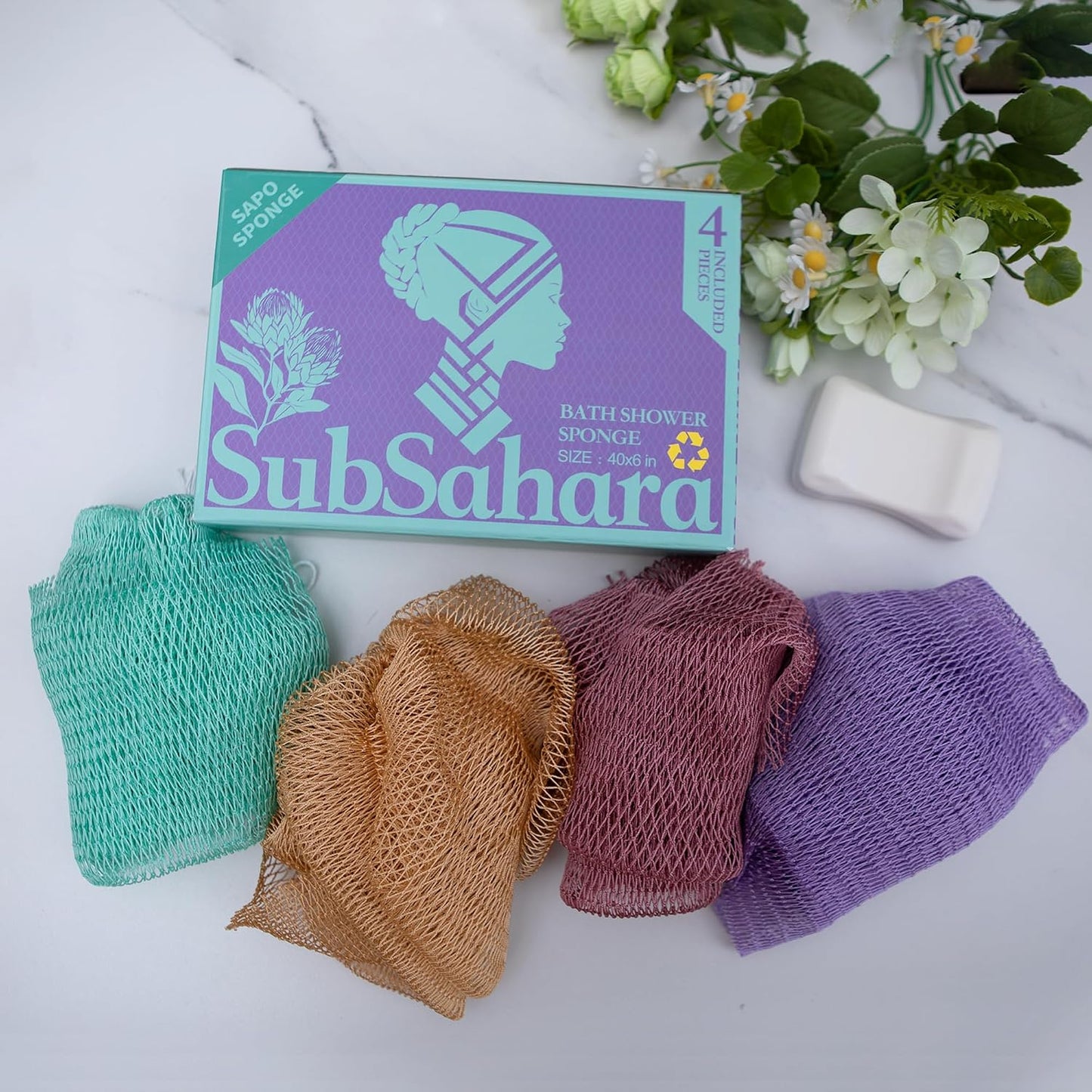 SubSahara Authentic African Net Sponge - 2 Pack Exfoliating Bath & Shower Loofah Sponge for Body & Face, Gentle Scrubber for All Skin Types, Travel, Durable Polyester (Olive Green & Light Green)