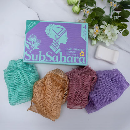 SubSahara Authentic African Net Sponge - 2 Pack Exfoliating Bath & Shower Loofah Sponge for Body & Face, Gentle Scrubber for All Skin Types, Travel, Durable Polyester (Olive Green & Light Green)