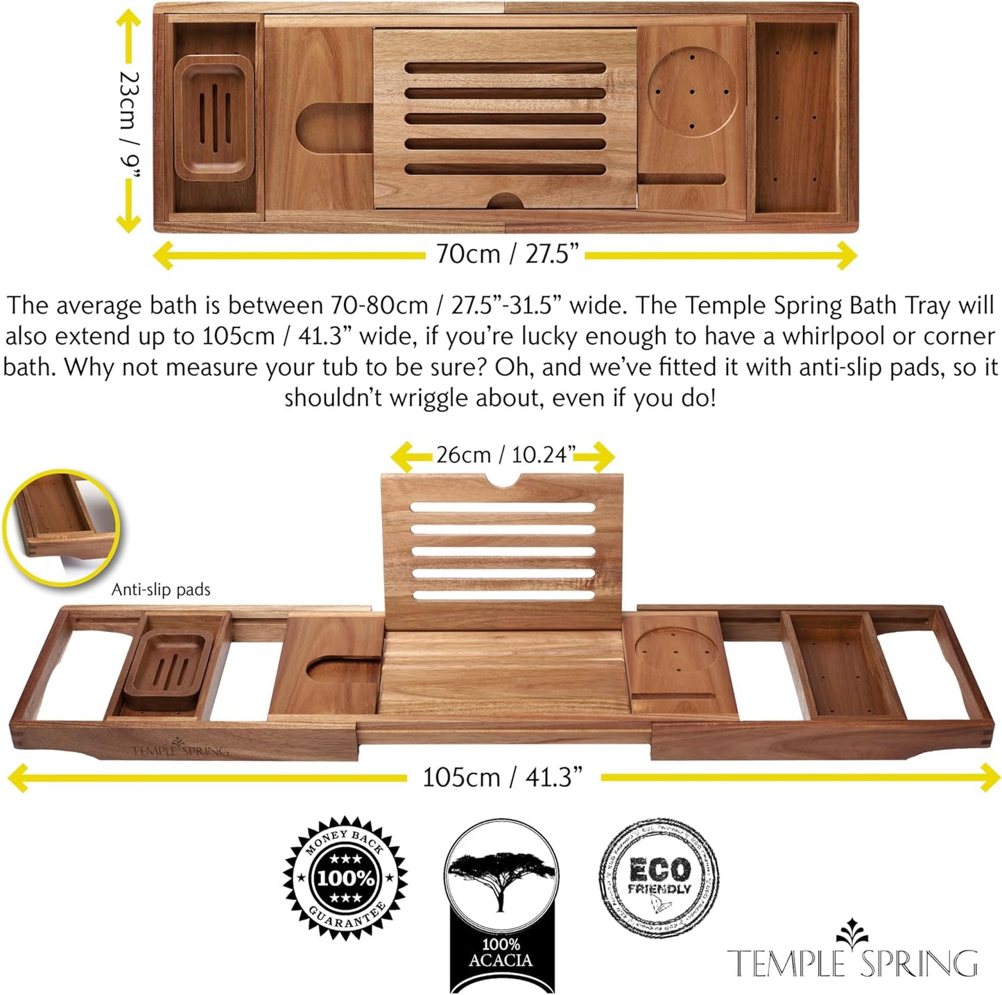 Temple Spring Bamboo Bathtub Tray Caddy for Tub — Expandable Wood Bath Tray with Solid Book Stand Wine Holder and Non-Slip Pads — Includes Bamboo Soap Dish and Spa Accessories — Luxury Bath Gift Set