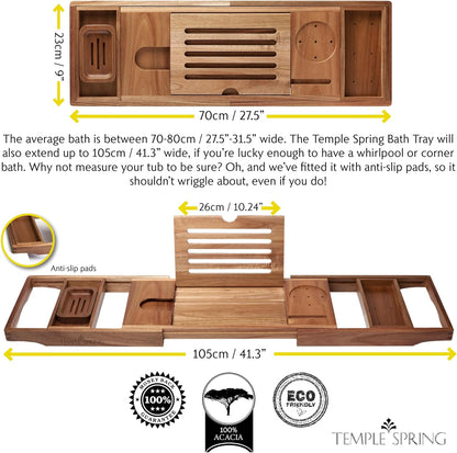 Temple Spring Bamboo Bathtub Tray Caddy for Tub — Expandable Wood Bath Tray with Solid Book Stand Wine Holder and Non-Slip Pads — Includes Bamboo Soap Dish and Spa Accessories — Luxury Bath Gift Set