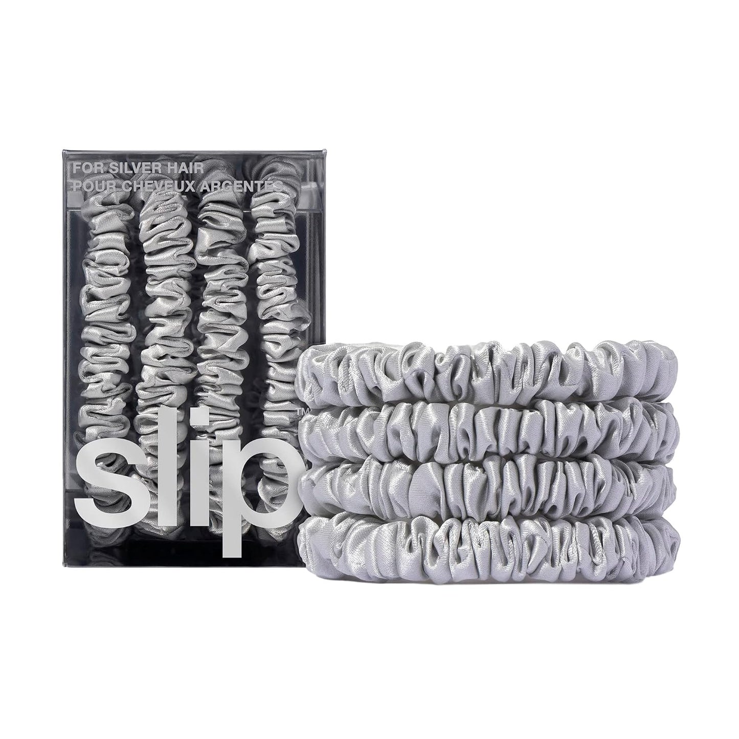 Slip Silk Hair Ties — Skinny Silk Black Scrunchies, No Damage, No Crease, Anti-Breakage |100% Mulberry Silk | All Hair Types | Made with Proprietary Slipsilk™ | Set of 4