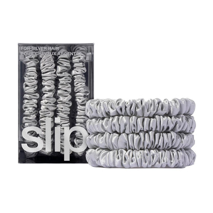 Slip Silk Hair Ties — Skinny Silk Black Scrunchies, No Damage, No Crease, Anti-Breakage |100% Mulberry Silk | All Hair Types | Made with Proprietary Slipsilk™ | Set of 4