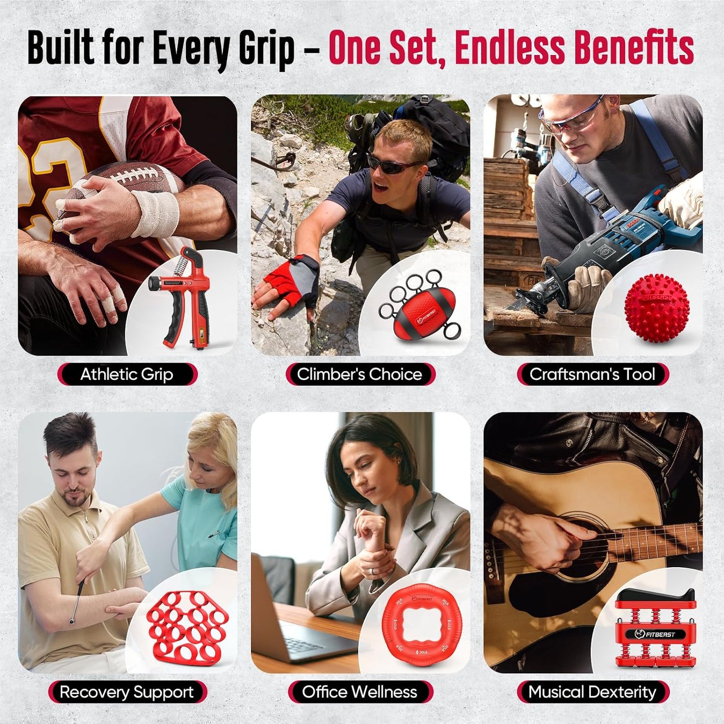 FitBeast Grip Strength Trainer, Hand Gripper Strengthener Kit - 6 Pack with Adjustable Resistance Forearm Strengthener, Forearm Exerciser and Massage Balls for Hand Therapy, Grip Training