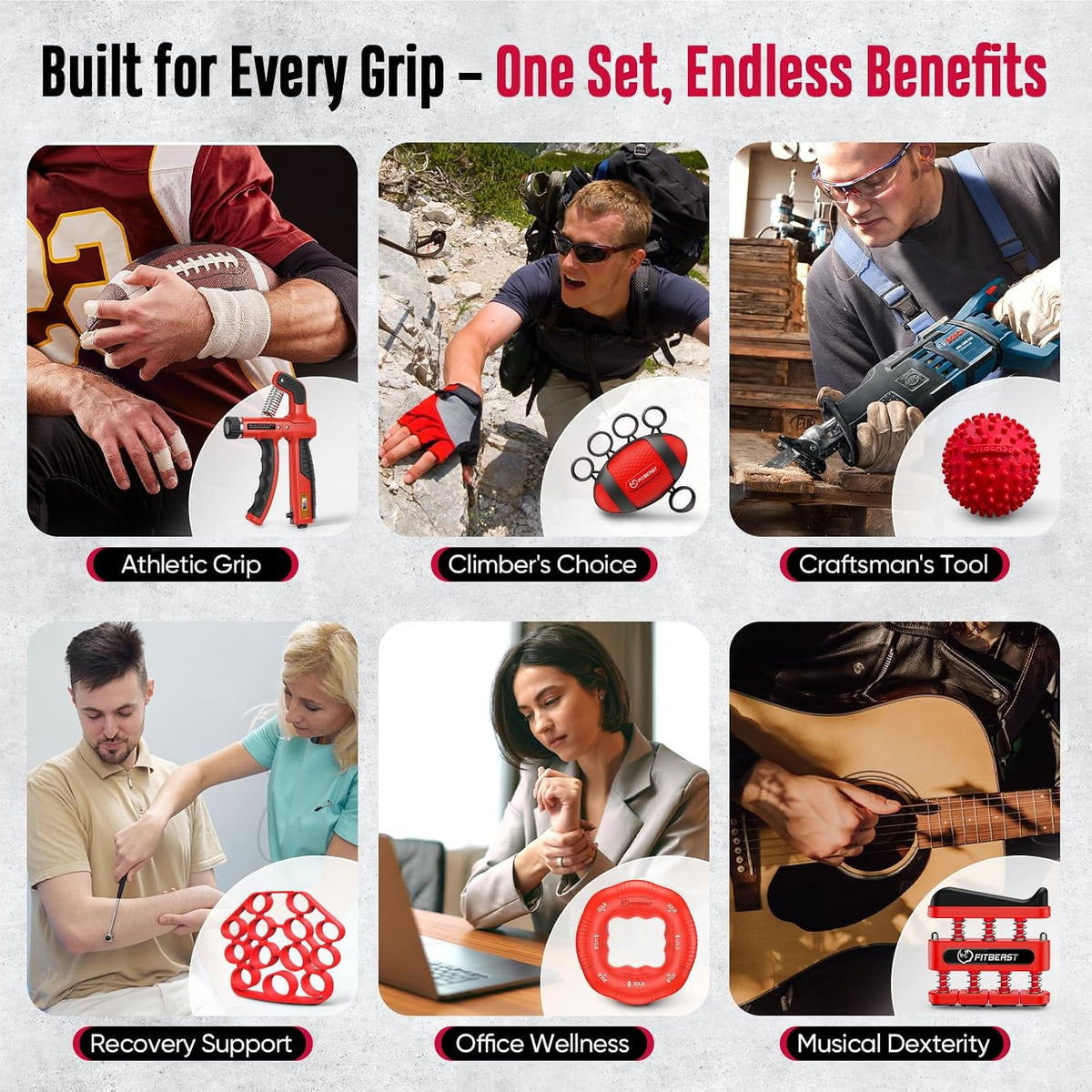 FitBeast Grip Strength Trainer, Hand Gripper Strengthener Kit - 6 Pack with Adjustable Resistance Forearm Strengthener, Forearm Exerciser and Massage Balls for Hand Therapy, Grip Training