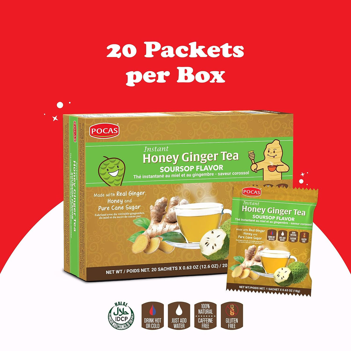 Pocas Honey Ginger Instant Tea Powder, Soursop Flavor, Real Ginger Extract & Sweetener, Caffeine-Free Tea, 20 Packets