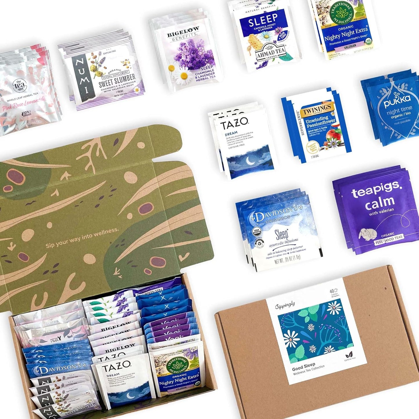 Sippingly Night Time Tea Sampler – 40 Herbal Teas – 10 Flavors from Top Brands – Chamomile, Lavender, Passionflower – Perfect Relaxation & Calm Support – Ideal Wellness Gift – Kosher, Gluten-Free