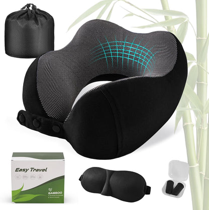 Cirorld Neck Pillow for Traveling, Travel Pillows for Airplanes,100% Pure Memory Foam Travel Neck Pillow, Adjustable Flight Pillow, Portable Plane Accessories with Eye Mask, Earplugs, Carry Bag