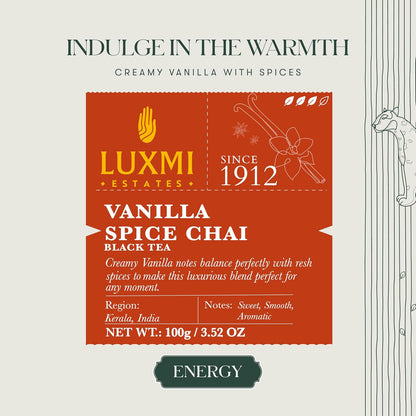 LUXMI Estates Vanilla Spice Chai Loose Leaf Black Tea 100g/3.52oz (50 cups) | Smooth, Flavorful, Robust, Caffeinated