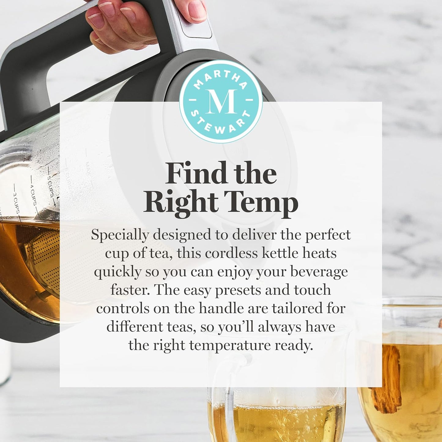 Martha Stewart Electric Kettle with Removable Stainless Steel Tea Infuser, Glass Carafe 1.7L (7 Cups), Hot Water Boiler, 4 Presets, Keep Warm & Auto Shut-Off, Cordless 360° Swivel Base, Honeydew Green