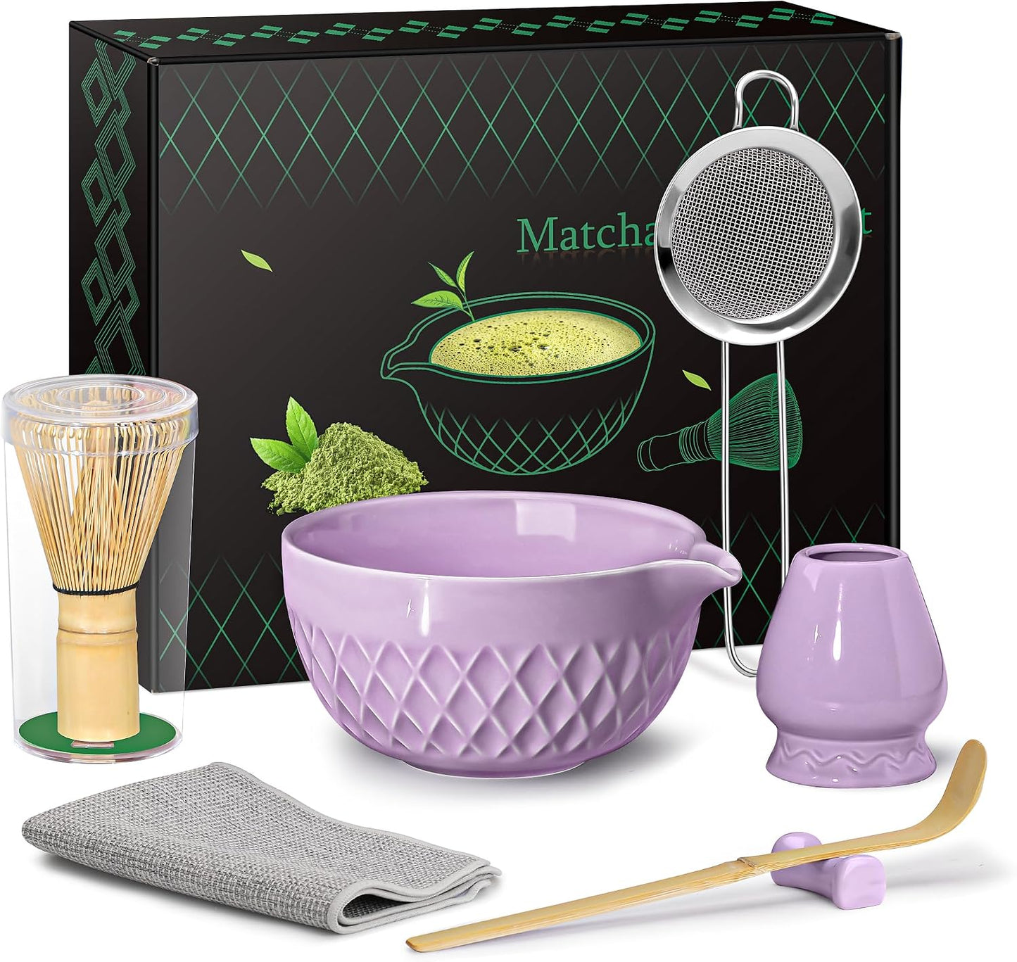Matcha Whisk Set, 7 Pcs Matcha Kit, Ceramic Matcha Set Includes Matcha Bowl with Spout, Matcha Whisk and Holder, Bamboo Scoop, Scoop Rest, Sifter and Tea Towel (Ceramic White)