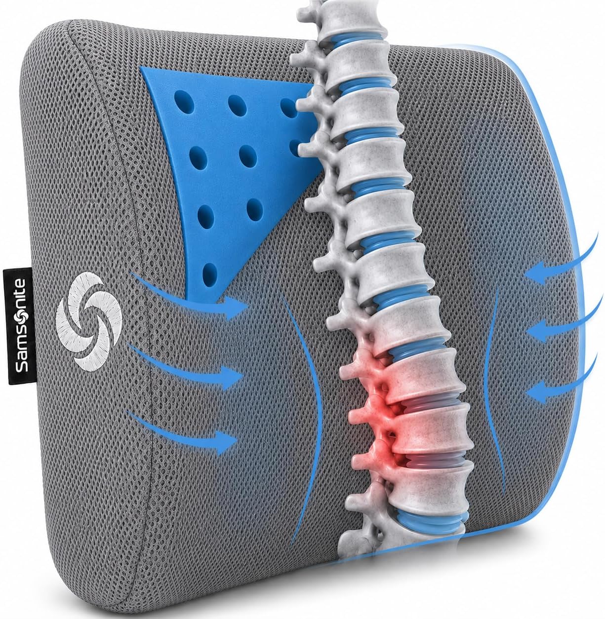 Samsonite Lumbar Support Pillow for Office Chair, Lower Back Support for Car, Back Pillow Desk Chair Cushion with Memory Foam, Improved Posture Backrest