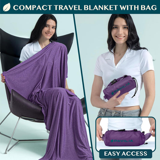 PAVILIA Travel Blanket Airplane Compact with Bag Lightweight, Purple