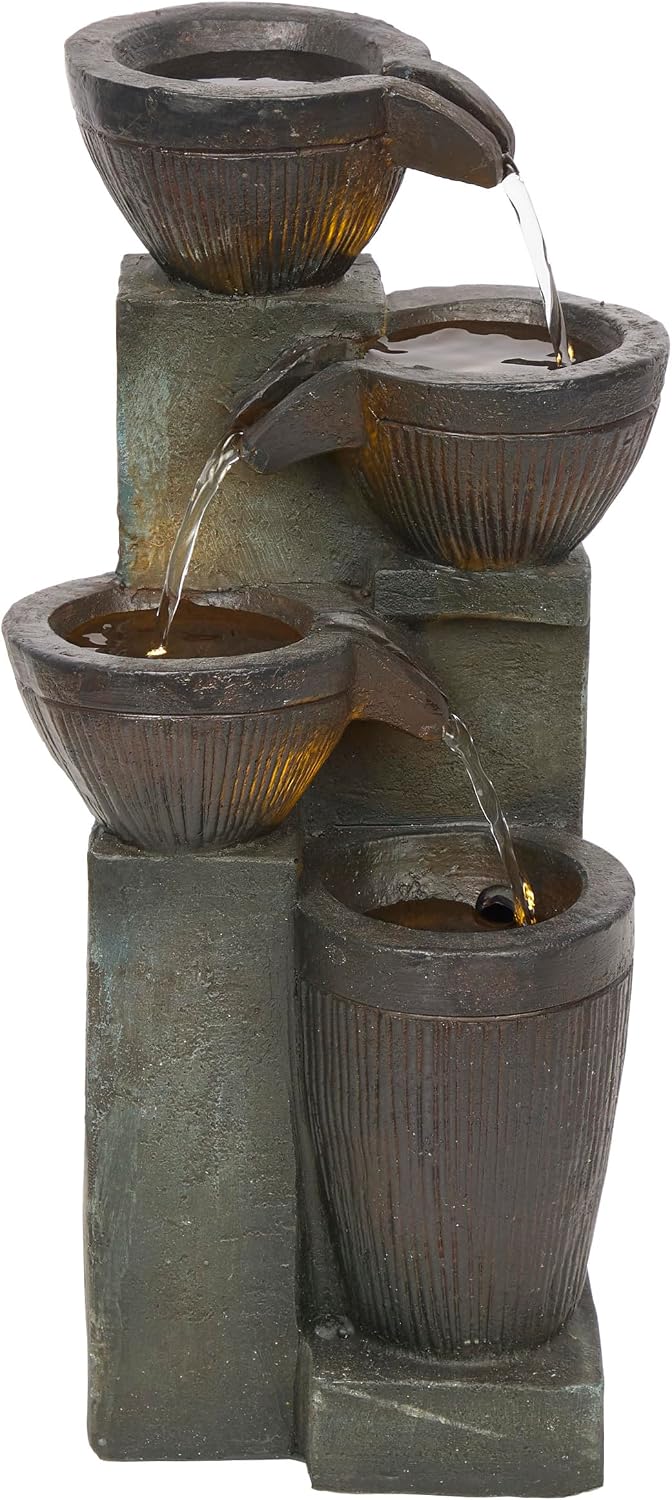 Alpine Corporatio 14" Tall Stoned Jar Cascading Water Fountain with LED Lights, Elegant Tabletop Water Feature for Home, Office, Living Room, and Bedroom Decor, Gray