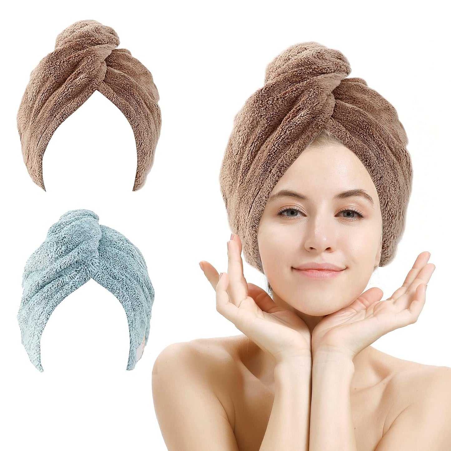 M-bestl 2 Pack Microfiber Hair Towel Wrap,Hair Drying Towel with Button,Quick Dry Hair Towel Turban for Women,Absorbent Anti-frizz Head Towel for Long Thick Curly Hair(Pink&Beige)