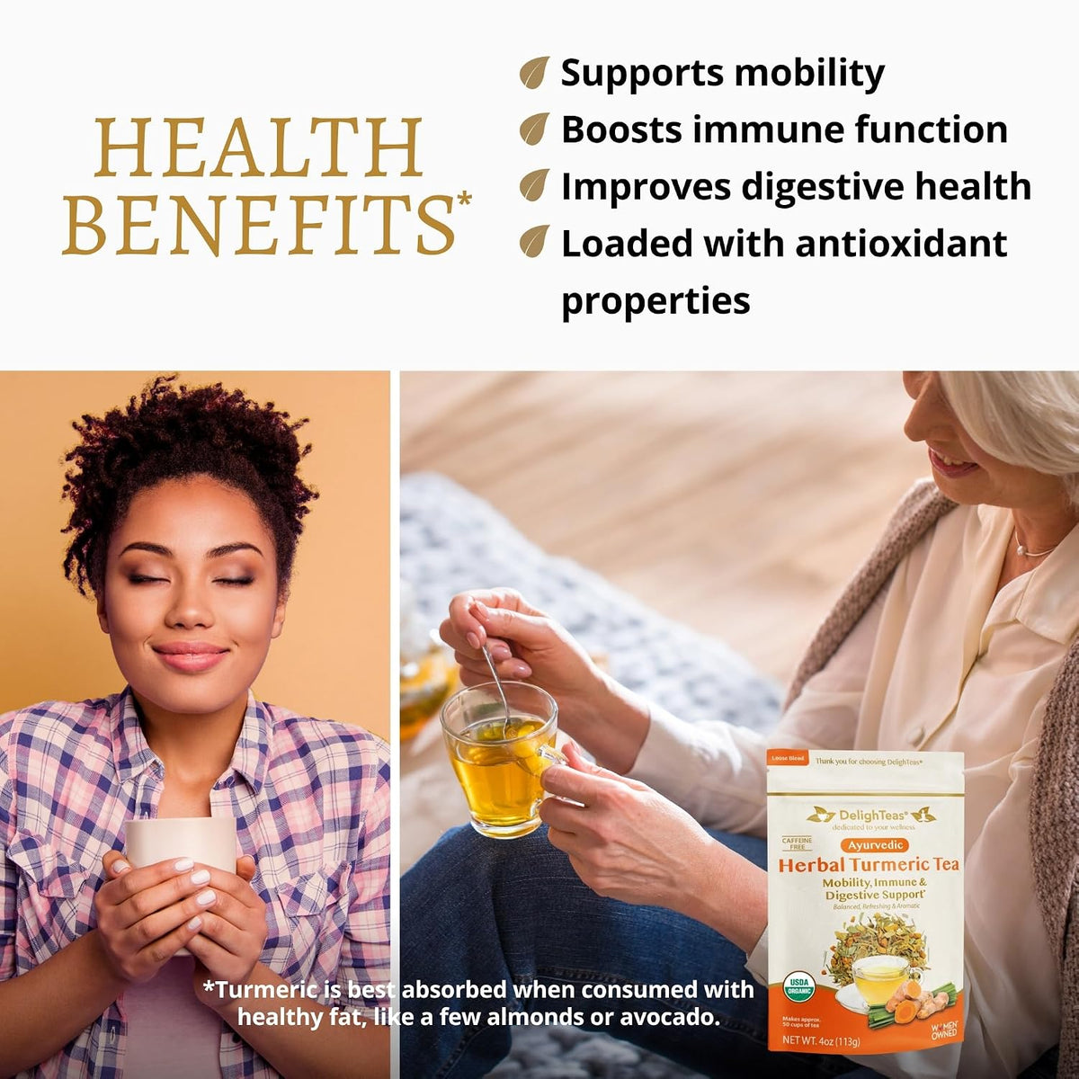 DelighTeas Organic Turmeric Ginger Tea | Ayurvedic Loose Leaf Herbal Turmeric Tea for Mobility, Immune & Digestive Support | Non-GMO, Caffeine Free, Unsweetened | 50 Servings, 4oz.
