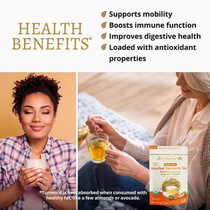 DelighTeas Organic Turmeric Ginger Tea | Ayurvedic Loose Leaf Herbal Turmeric Tea for Mobility, Immune & Digestive Support | Non-GMO, Caffeine Free, Unsweetened | 50 Servings, 4oz.