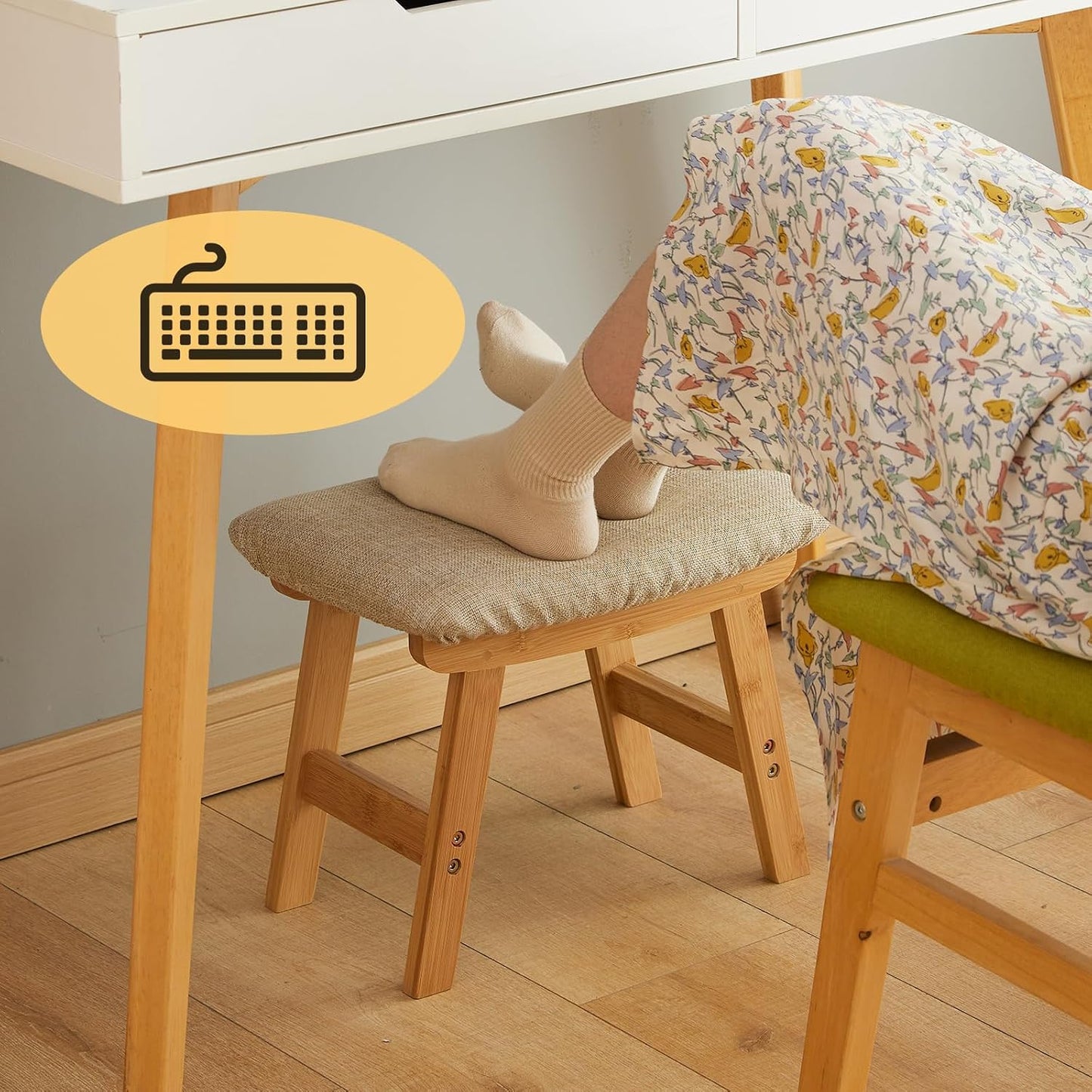 Foot Stool Ottoman Foot Rest Under Desk,Small Stool for Living Room, Bedroom and Kitchen (Brown Legs - Beige Stool Surface)
